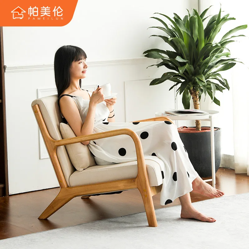 Lazy Sofa Nordic Single Sofa Chair Simple Balcony Home Fabric Milk Tea Shop Solid Wood Leisure Sofa Sofas for Living Room Sofas