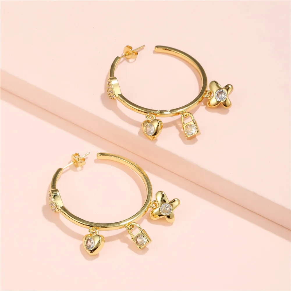 

Fashion Simple Niche Light Luxury Copper Inset Zircon Hoop Earrings Gold Color Love Butterfly Lock Pendant Earrings for Women