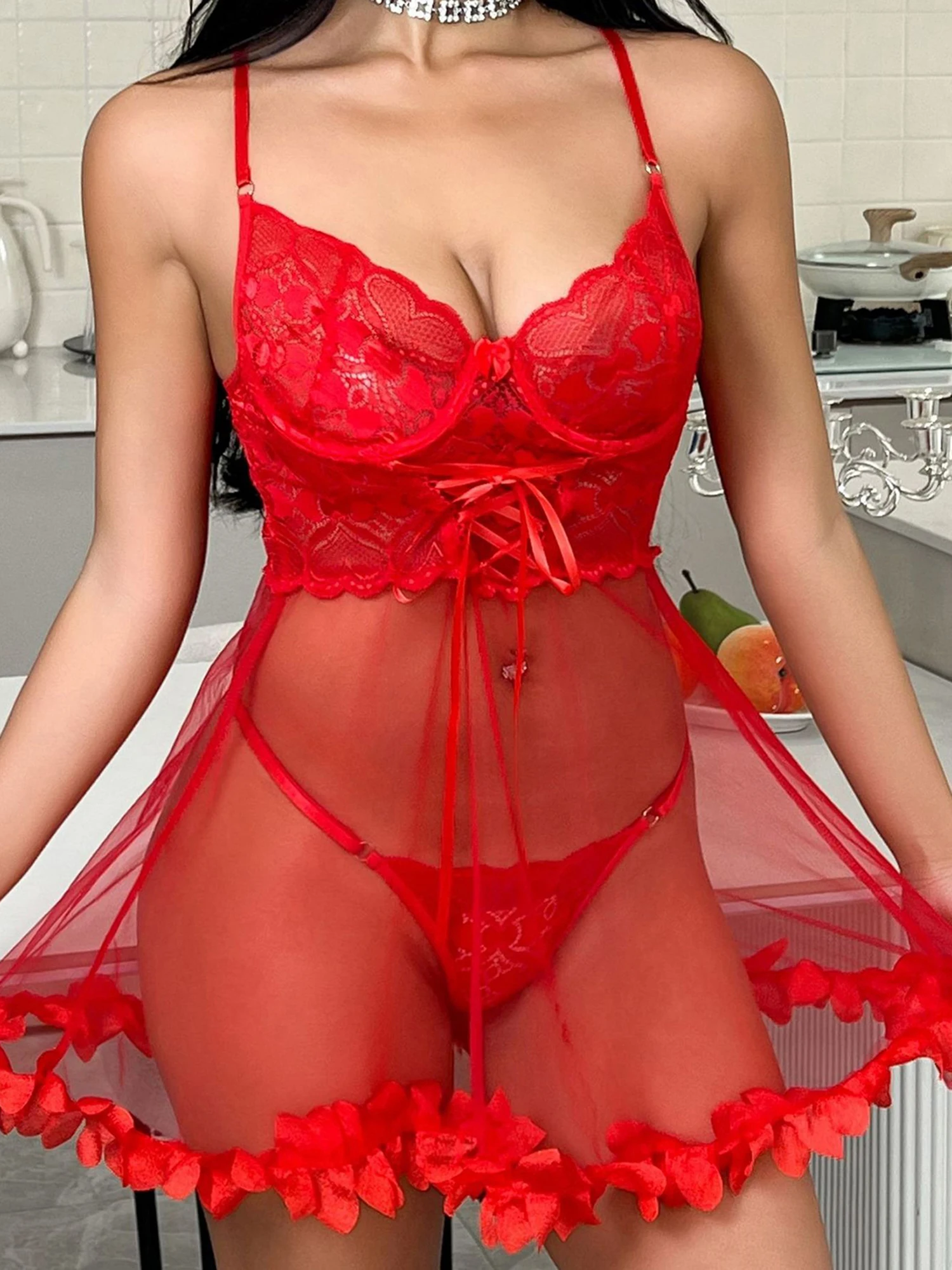 Women s Sexy Lace Lingerie Set with Sheer Mesh Hem Babydoll Chemise and Matching Thong Panties for Exotic Nightwear