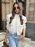 Fashion Pocket Short Jacket Women Solid O Neck Long Sleeve Coat 2023 Spring Autumn Casual Female Single Breasted Outwear - Image 3