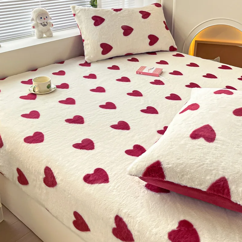 WOSTAR Winter thermal plush fitted sheet elastic mattress cover red heart printed warm coral fleece bed linens queen king size 4