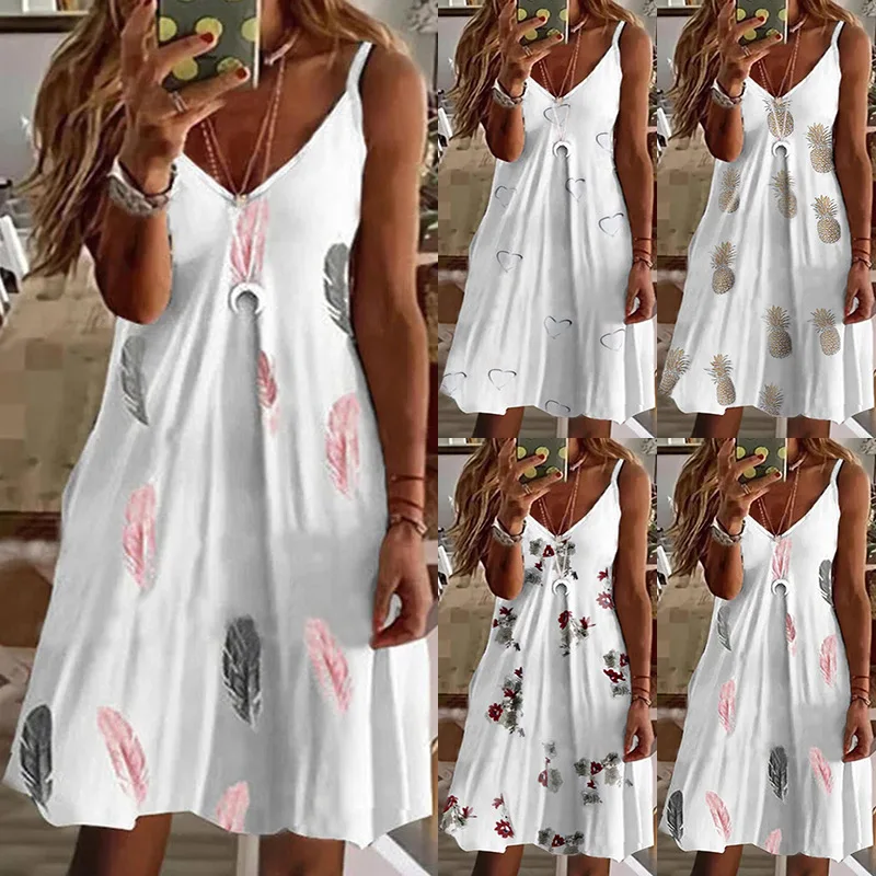 

2023 Spring and Summer New Women's Fashion Sexy V-neck Loose Print Suspender Dress Dew Back Beach Dating Skirt