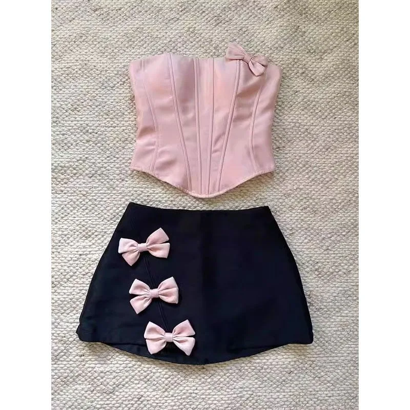 

Sweet Gentle Bra Top Skirt Two-piece Set Women Bow Splice Sleeveless Collarbone Spicy Girl College Solid Slim Summer Chic Suit