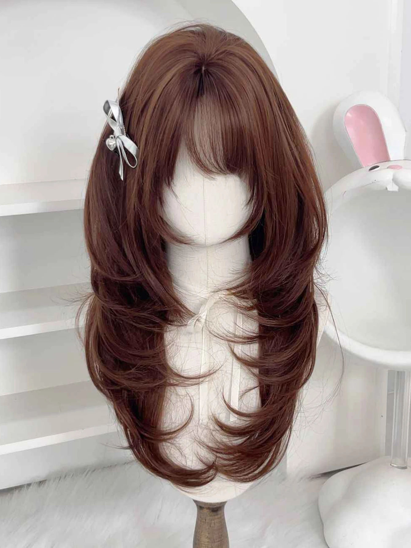 Brown Synthetic Wig for Women with Wavy Hair and French Bangs