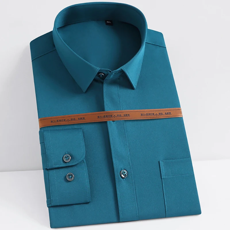Dress Shirts Stretch Anti-Wrinkle Mens Long Sleeve Business Formal Solid Color Slight Slasticity Non-iron