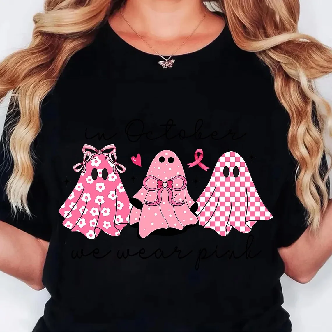 Im Oktober tragen wir rosa Geist Halloween Grafik T-Shirt Top Trend Harajuku Kurzarm Unisex Shirt Muster großes T-Shirt – Detail 5