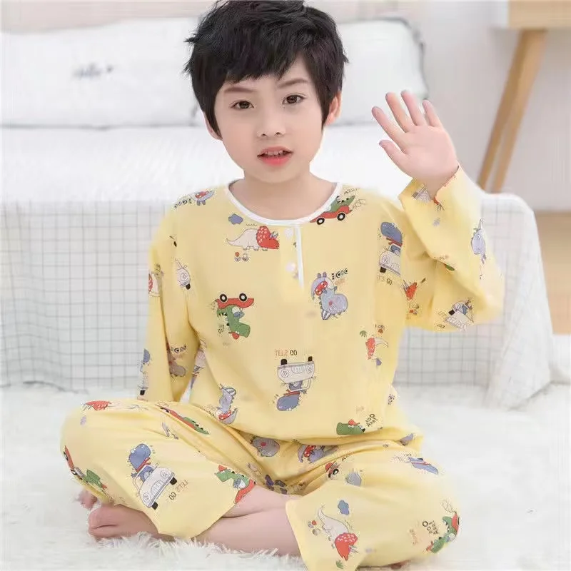 Summer Children's Cotton Silk pajamas Boys And Girls Home Clothes Baby Long-sleeved + Trousers Two-piece Kid's Brethable Suit cute pajama sets	 Sleepwear & Robes