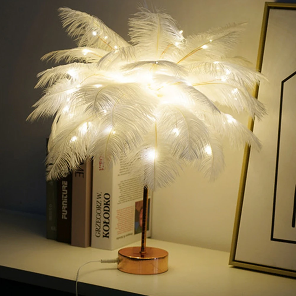 LED Feather Bedside Table Lamp led bedside lamp Bedside Bedroom Desktop Nightstand Decoration Hotel Living Room USB Three-Color Night Light