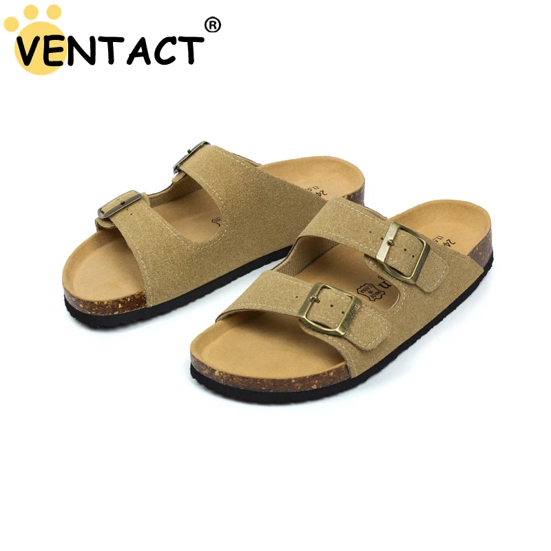 

VENTACT Plus Size 44-45 Real Leather Summer Cork Sandals Suede Mule Clogs Slippers Double Buckle Beach Slides Couple's Shoes