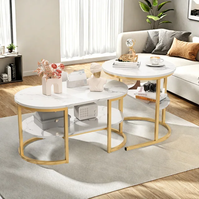 Ensemble de 2 tables basses Fangange, table de salon 2-en-1 avec espace de rangement, table de canapé moderne, ronde et rectangulaire en aspect marbre 1