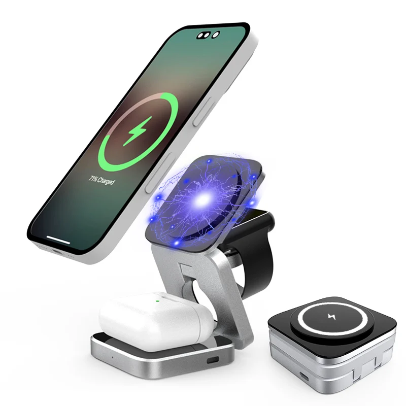 Magnetic Foldable 3-in-1 Wireless Charging Station - Portable Travel Charger for Phone, Earbuds, and Smartwatch