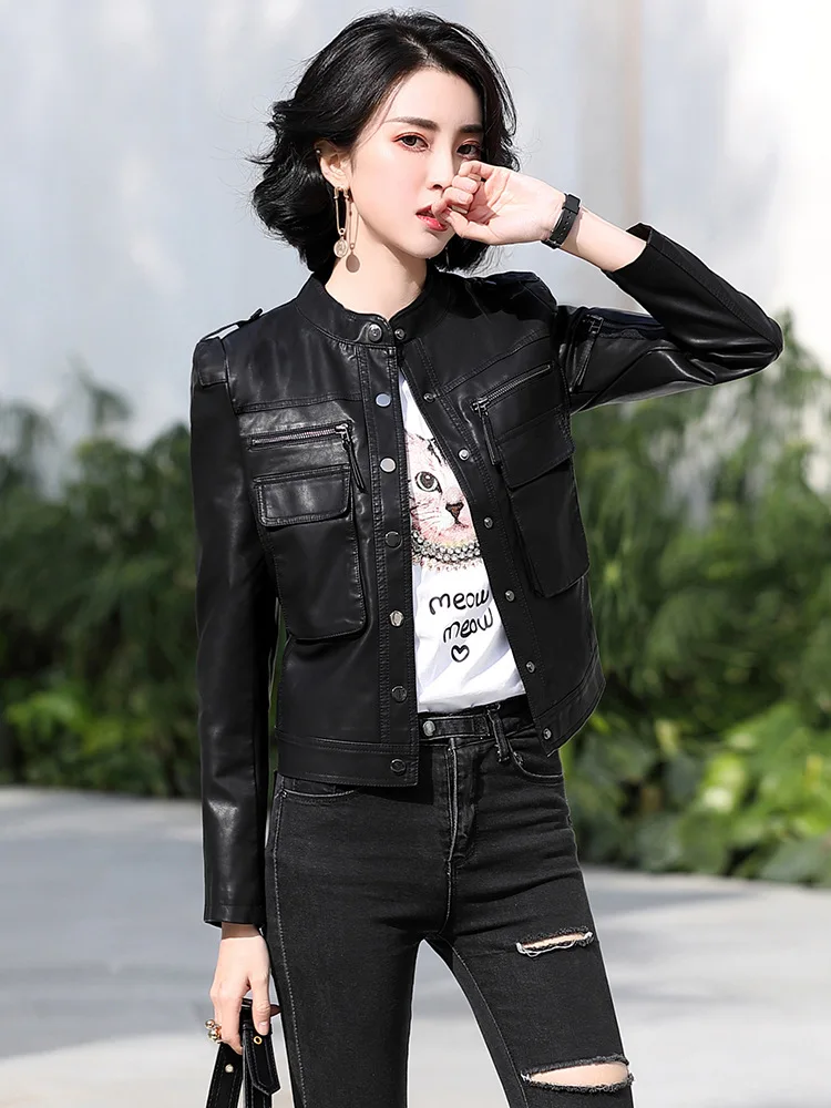 Women's Short Sheepskin Motorcycle Slim Leather Jacket, Ladies Small Coat, Spring and Autumn spring coat ladies pu leather coat mid length autumn fashion motorcycle leather windbreaker faux leather slim black red purple