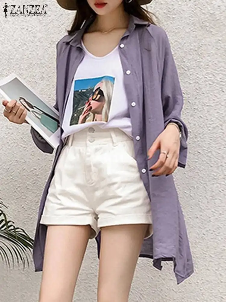

ZANZEA Long Sleeve Women Blouse Side Slit Casual Overshirt Summer Oversize Long Shirts Fashion Sun Protection Lapel Tunic Tops