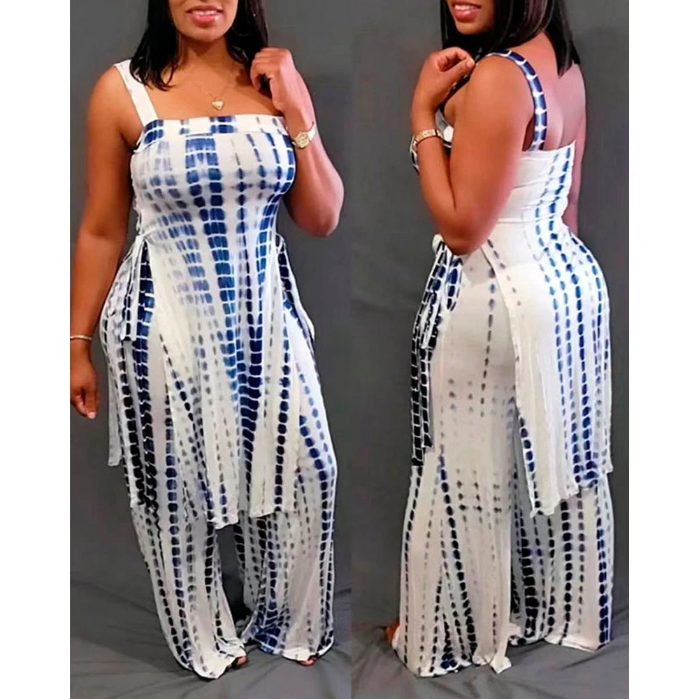 Summer Women Tie Dye Print Slit Asymmetrical Top & Wide Leg Pants Set Spring Casual Long Sleeve Two Pieces Homewear Casual