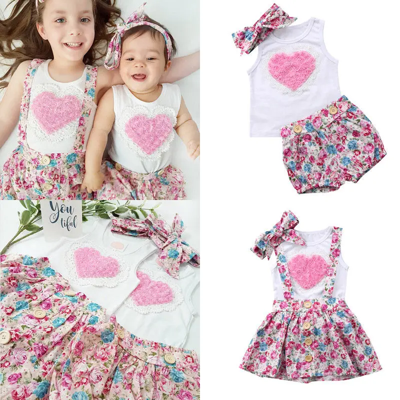 

Sister Matching Outfits Baby Girl Clothes Set Heart Shape Tank Tops Vest Floral Skirt Shorts Headband 0-6Y Kids Children Clothes