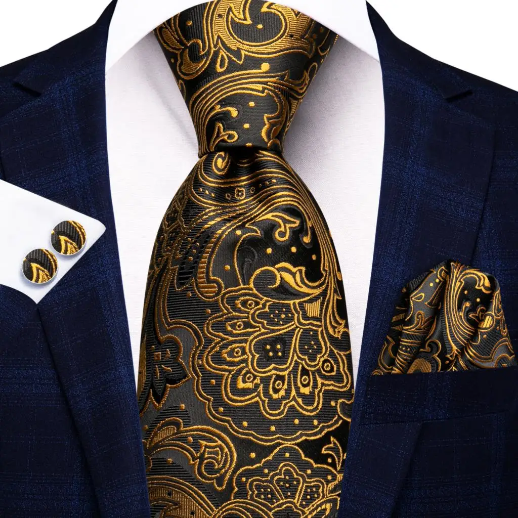 

Gift Tie for Men 2023 New Black Gold Paisley Fashion Brand Wedding Party Necktie Handky Cufflinks Wholesale Hi-Tie Designer