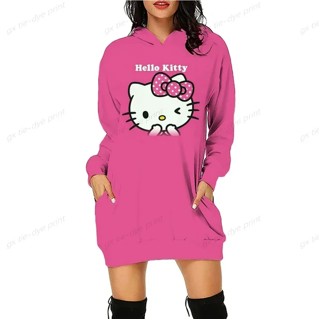 thumbnail image 1 of Vestido sexy hasta la rodilla para mujer, de primavera y otoño, con capucha, manga larga, con bolsillos de HELLO KITTY, vestido sencillo e informal ajustado, 1 of 5