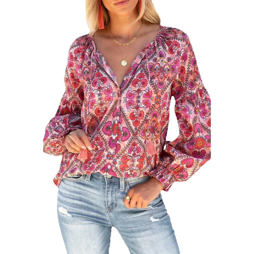 

Shi Ying Rose Print V-Neck Button Pullover Shirt Women's Loose Versatile Top 25116143