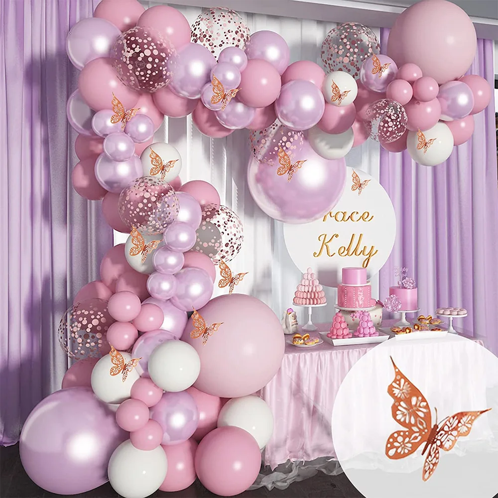 

Металлическая розовая гирлянда с воздушными шарами, набор со светящимися бабочками, для девочек, для дня рождения, вечевечерние НКИ, свадьбы, детского праздника, украшения для вечеринки
