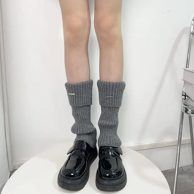 Metal Label Leg Warmers Knitted Women Calf Socks Solid Color Vintage Winter  Y2K Japanese Harajuku Pile Long Socks Leg Covers - AliExpress