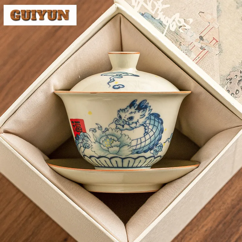 120ml Retro Ru Kiln Non Hot Gaiwan Chinese Wander Dragon Pattern Tea Tureen Ancient Tea Making Cover Bowl Cha Ceremony Gift