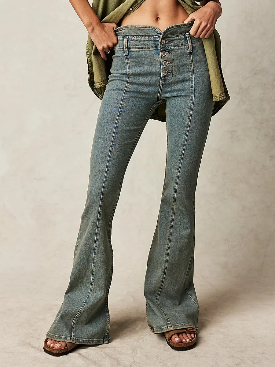 

New Fashion Womens Spring Summer Denim Pants Solid Color Mid Rise Slim Fit Flared Bell Bottom Jeans Club Street Style S-2XL