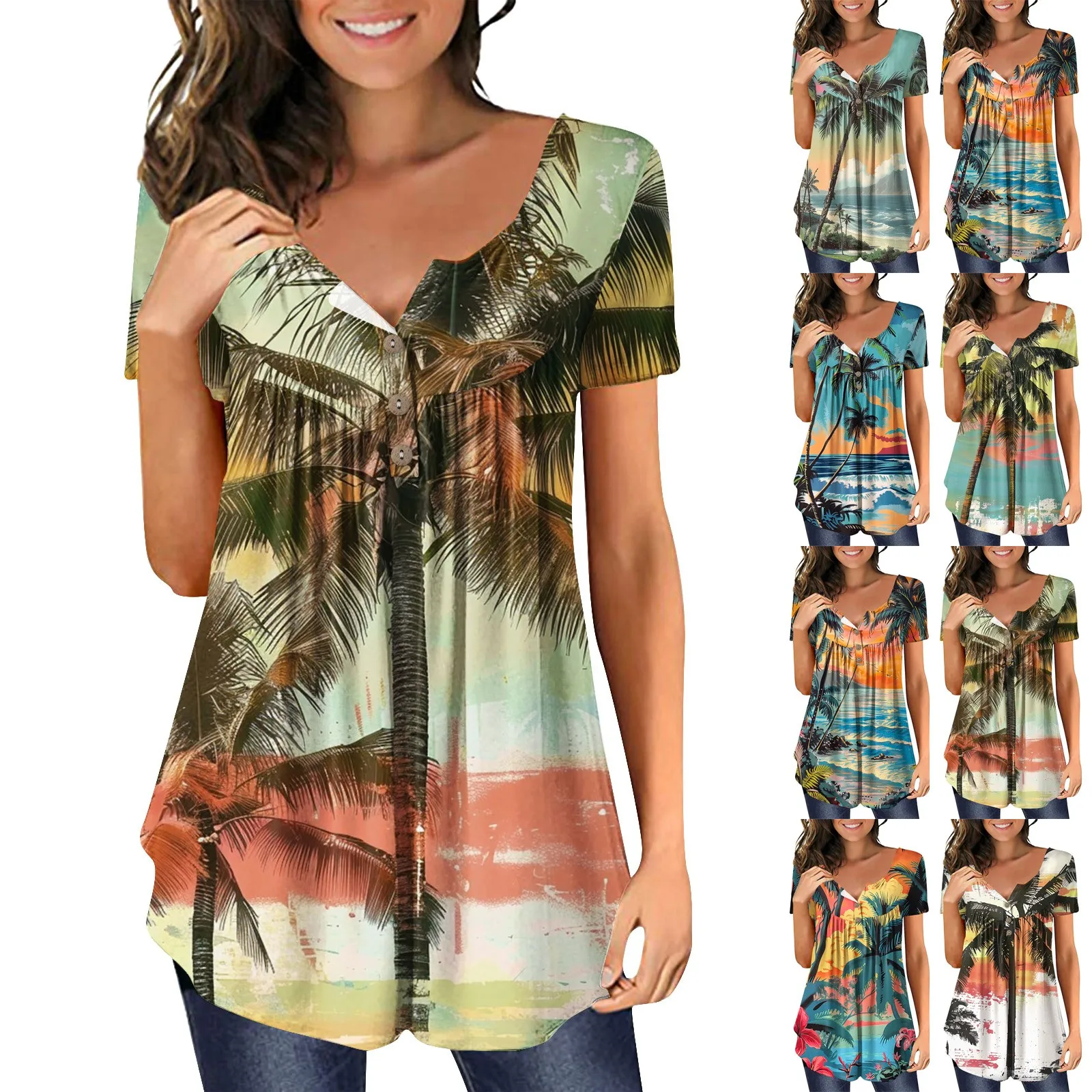 

2024 Летняя Пляжная рубашка для женщин на пуговицах, туника с коротким рукавом, свободные женские топы, Пляжная Свободная блузка с принтом, 국국뷰 옷