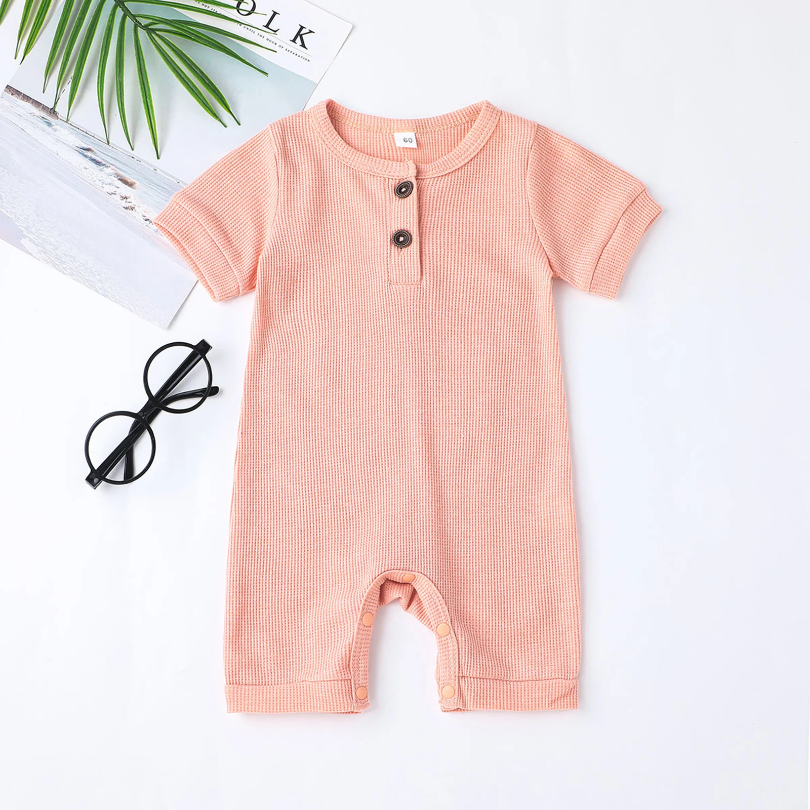Baby Rompers Baby Jumpsuit Baby Clothing Lovely Baby Girls Boys Romper, Short Sleeve Round Neck Solid Color Ribbed Buttoned Short Pants For Summer Spring, Kids Clothing