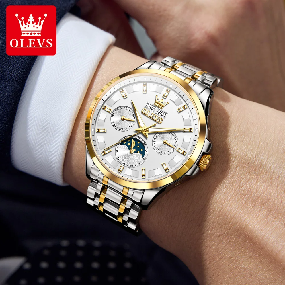 OLEVS 7070 Man Automatic Watch Calendar Mechanical Watch For Men Stainless Steel 30M Waterproof Moon Phase Luxury Wristwatch