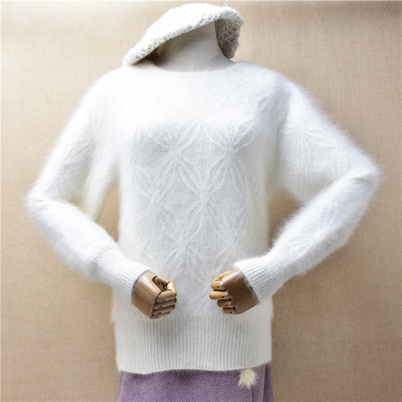 

Женская осенне-зимняя одежда, белый мягкий пушистый шерстяной вязаный пуловер из ангоры с круглым вырезом и длинными рукавами «летучая мышь», свободный свитер