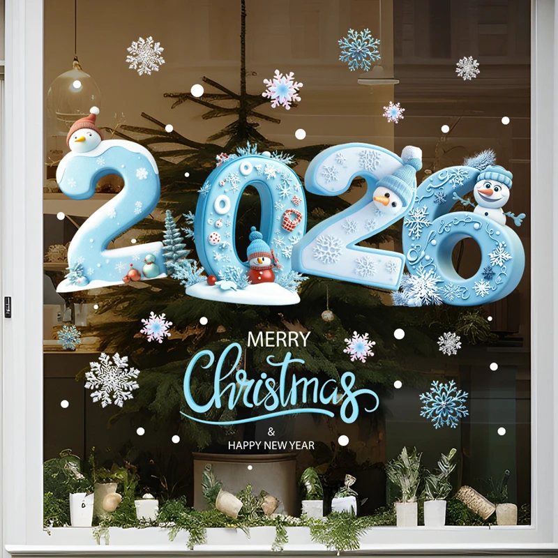 2026 Merry Christmas Window Stickers Cartoon Snowman Snowflakes Glass Decals New Year Home Decoration Electrostatic Sticker Gift