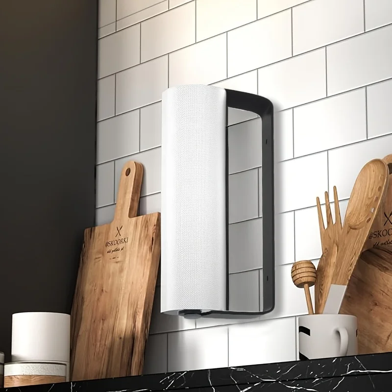 Kitchen Paper Towel Holder No-Drill Wall Mount Paper Towel Holders Dishcloth Rack Plastic Wrap and Cloth Storage Hanging 6