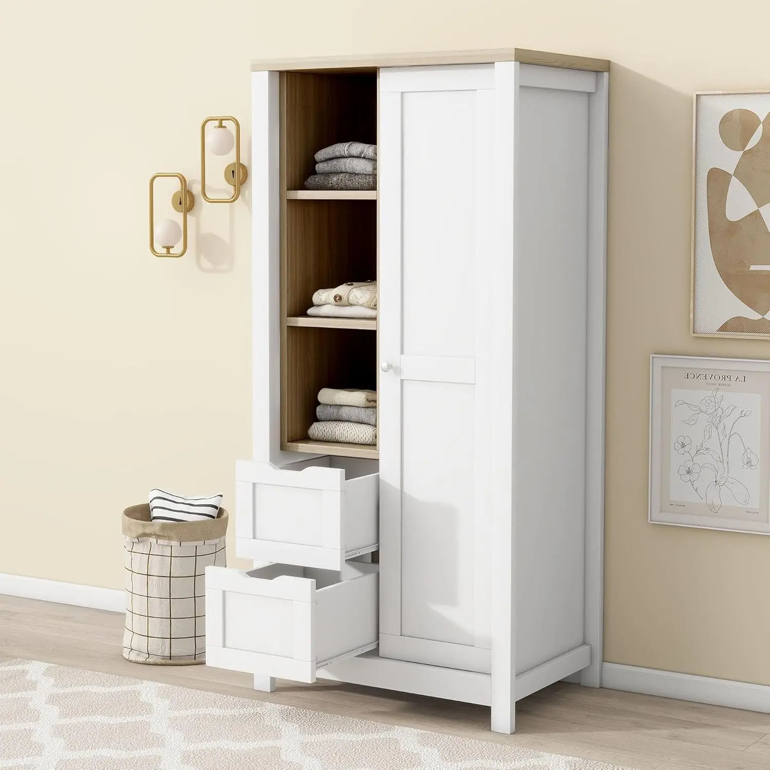 Kids Armoire Wardrobe Closet, Small Wardrobe Closet with 2 Hanging Rods and Drawers, Freestanding Wood Closet with Shel