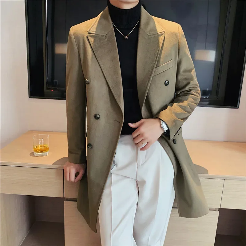 

British Men Thicken Winter Suit Collar Medium Length Woollen Overcoat Solid Double Breasted Slim Fit Business Casual Trench Coat