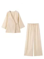 2024 Woman Trouser Set Solid V Neck Casual Kimono Style Lace Up Shirt Top + Elastic Waist Wild Women's Wide Leg Long Pant - Image 6