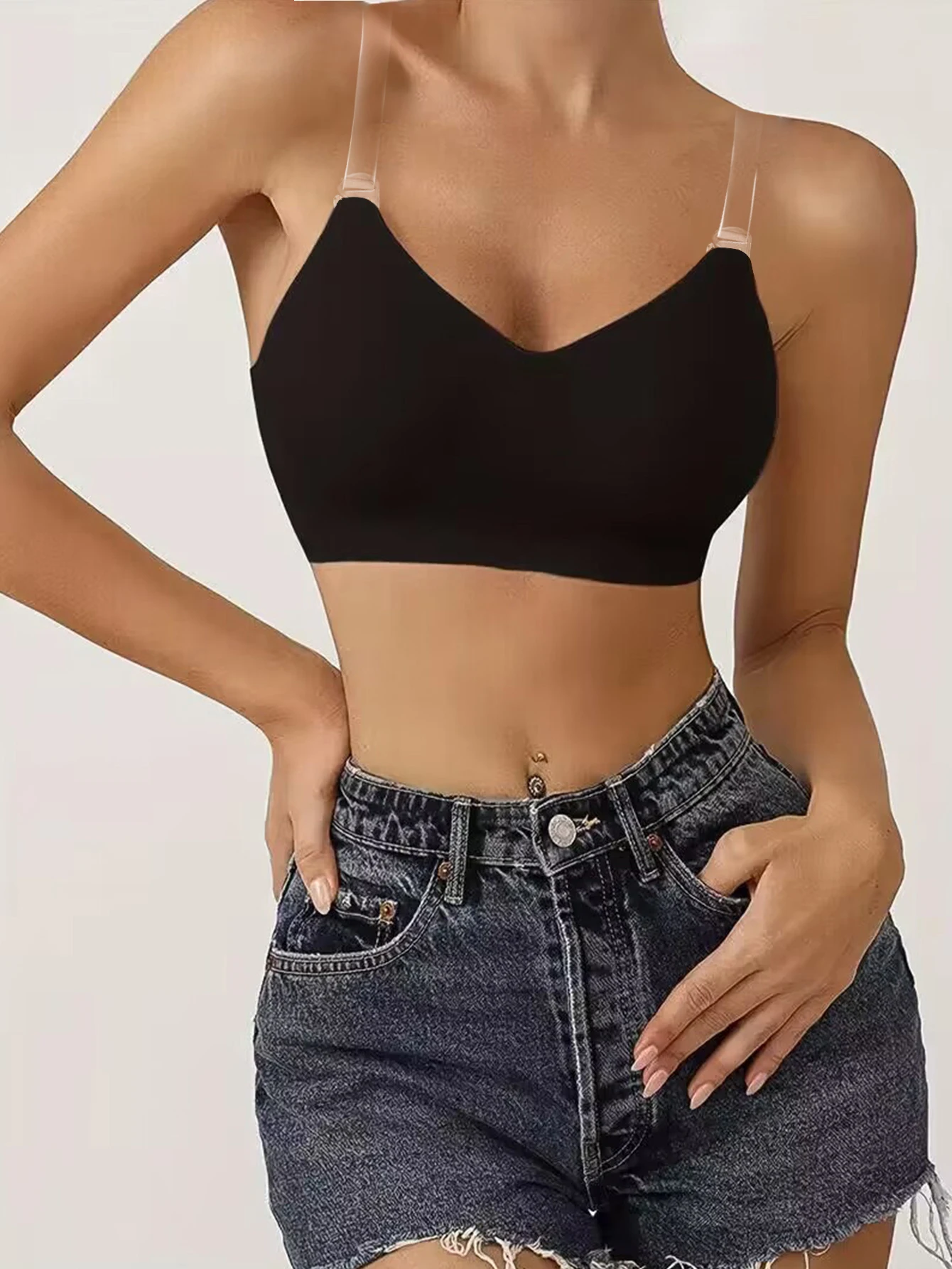 Description Picture 3 of itemWomen's Comfortable Solid Black/Beige Colors Backless Transparent Shoulder Strap Bra