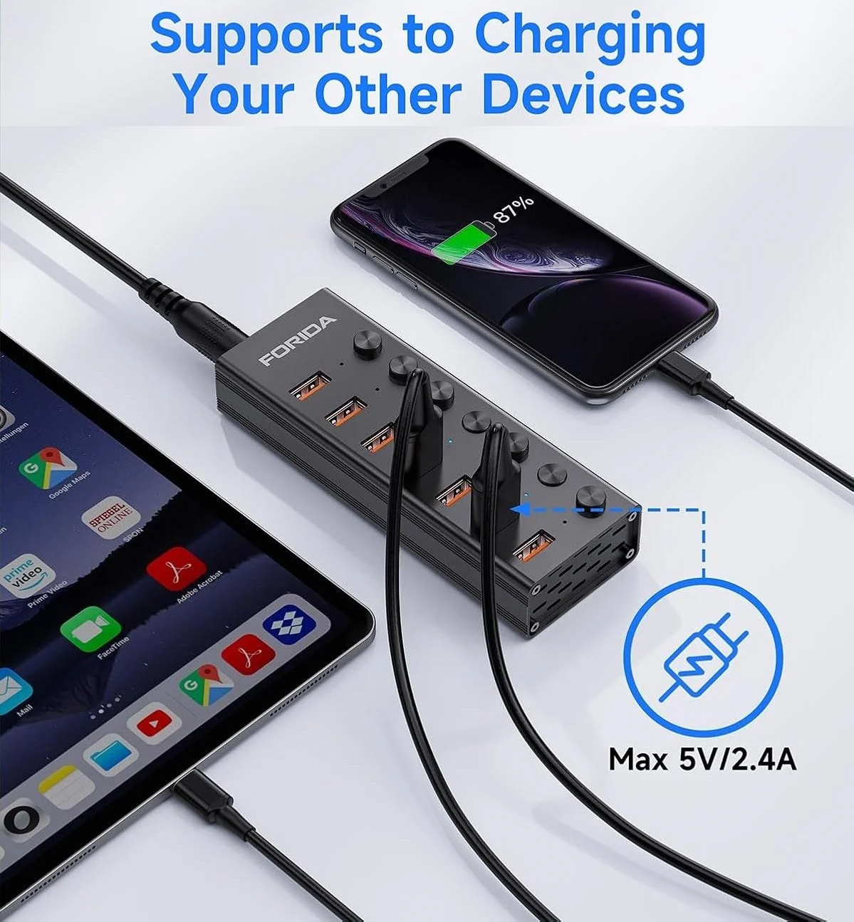 FORIDA 7 Port USB A Docking Stations 10Gbps Power USB 3.2 Hub Splitter On/Off Switch Adapter for Laptop PC Flash Drive Phone 4