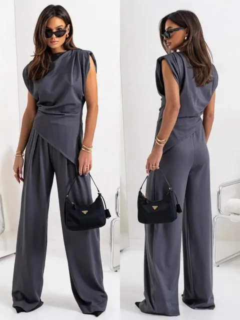 Summer Fashion Solid Two Piece Sets Women Elegant Slim Office Suit Casual Irregular Top And Wide Leg Pants 2 Piece Set Female 3 Summer Fashion Solid Two Piece Sets Women Elegant Slim Office Suit Casual Irregular Top And Wide Leg Pants 2 Piece Set Female 3