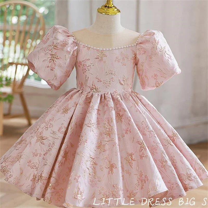 

New Fashion Puff Sleeve Jacquard Kids Dress Princess Dress Birthday Pink Line Casual Dress