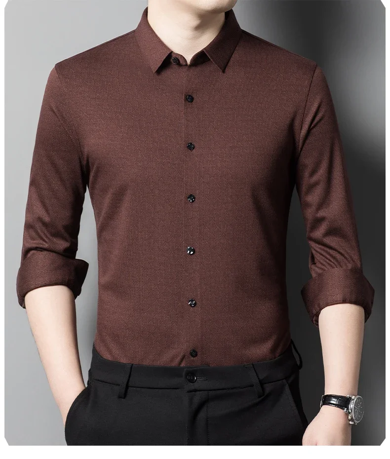 Seamless Wool Men's Dress Shirts Luxury Solid Color Long Sleeve Business Casual Single Breasted Male Shirts Plus Size 4XL