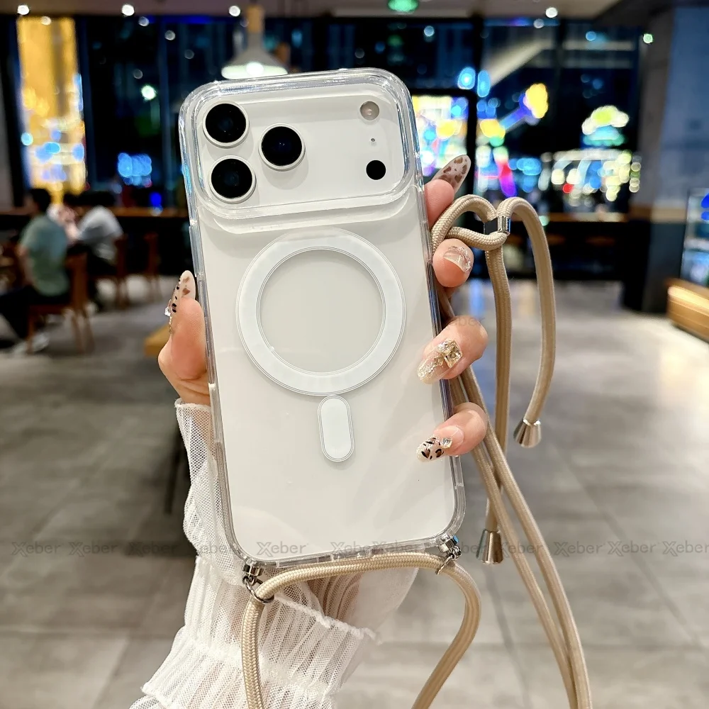 Clear Crossbody Lanyard Necklace Case with Magnetic Wireless Charging Cover