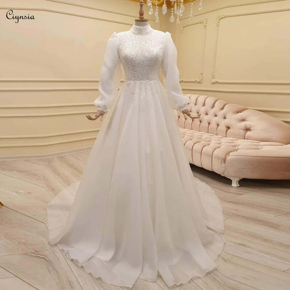 Ciynsia Princess High Neck Beads Organza Abito Da Sposa Musulmano Con Maniche Lunghe Suknia Ruclubna Dubai Abito Da Sposa Arabo Per La Sposa