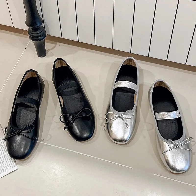 Glitter Silver Bowtie Flats Shoes Women Round Toe Patchwork Plaid Leather Loafers   Flat Shoes Women