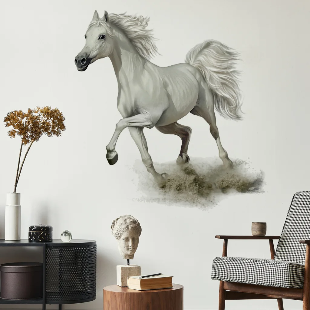 

1Pc Horse Pattern Wall Sticker Modern Animal Print Pvc Wall Decal For Home Decoration, White Galloping Horse Pattern