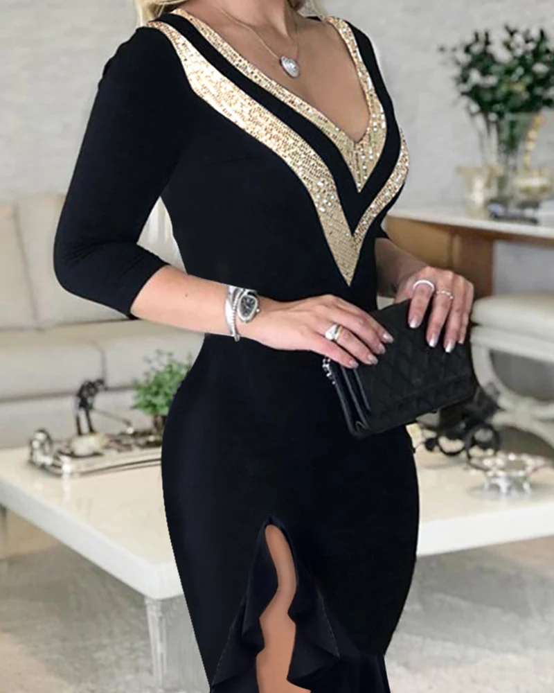 Sexy com Decote em v Manga de Três Vestido Feminino Quartos Primavera Outono Moda Commuter Fenda Ruffled Xadrez Cor Correspondência Bronzeamento 3 Computers & Electronics