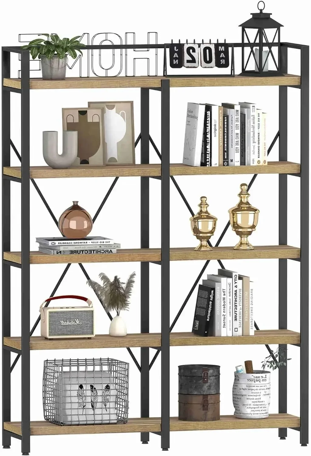 NEW-Bookshelf, Industrial 5 Tier, Rustic Wood Etagere Bookcase, Metal Tall Book Shelf