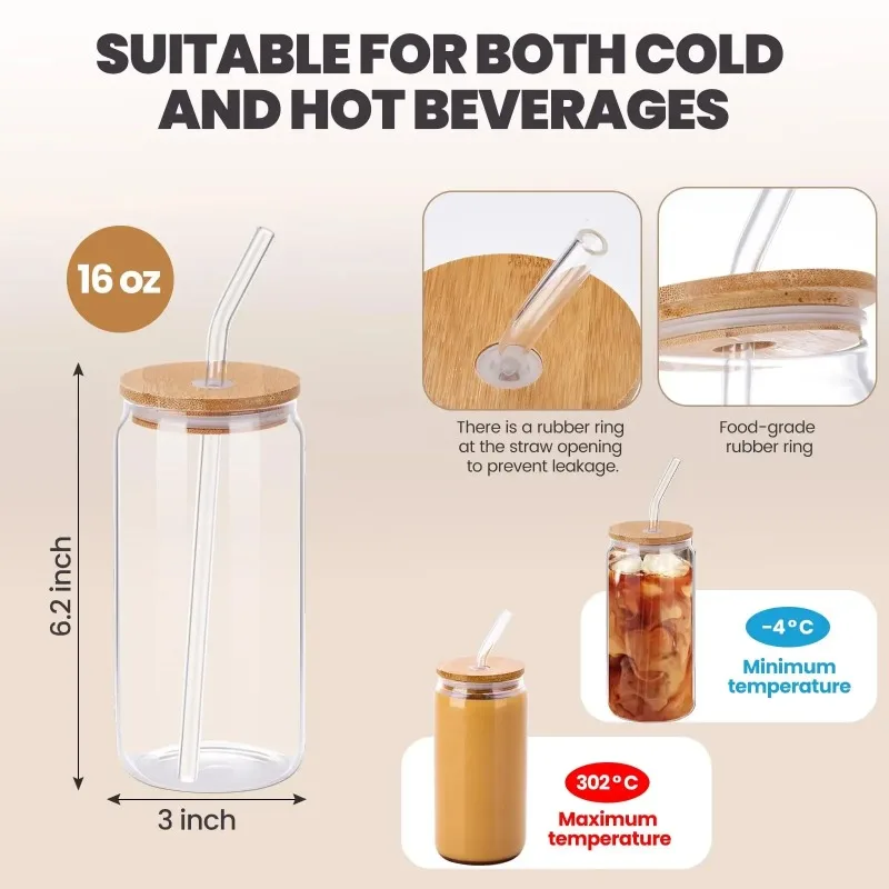 350/550ML Glass Cup with Wooden Lid and Straw