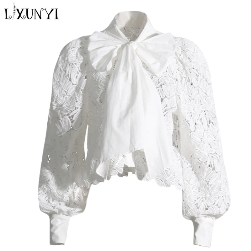 

LXUNYI White Lace Shirt Women 2023 Spring Summer New In Long Sleeve Sweet Bow Hollow Out LooseFomal Blouse Lace Up Tops Fairy