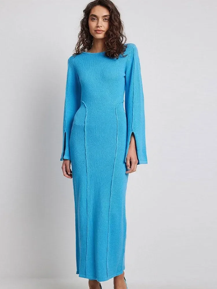 

Fashion Solid Knit Dress Women Elegant Split Sleeves Stretch Knitting Dresses Ladies Chic Party Club Robe