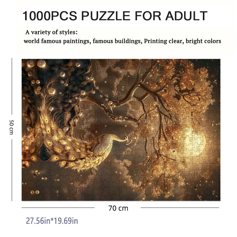 70*50cm 1000pieces Paper Puzzle Adult Puzzle Peacock in the MoonlightDifficulty Jigsaw Puzzle Relaxing Craft Home Wall Decro 2